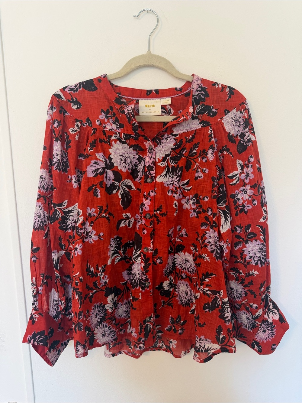Maeve by Anthropologie 100% Cotton Red Floral Button-Front Blouse